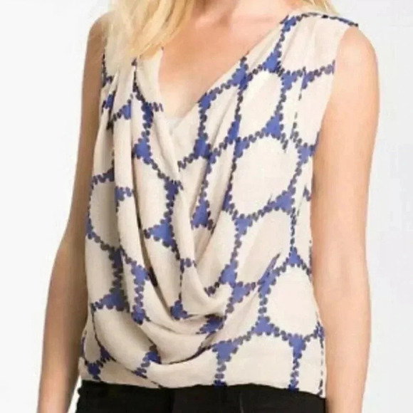 Diane Von Fursteenberg Cream and Blue Silk Sleeveless Blouse Size 0 - Picture 1 of 6